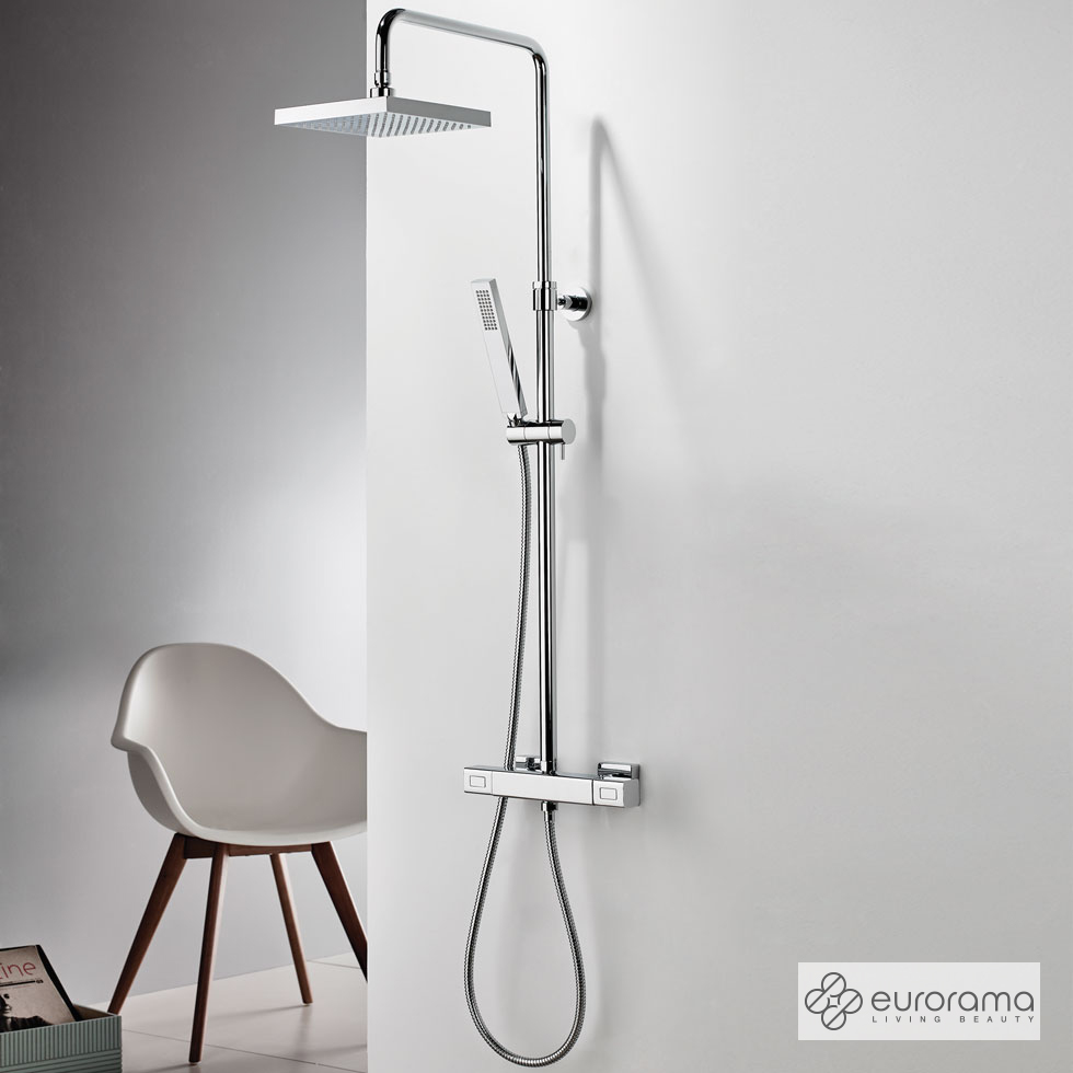Θερμοστατική Μπαταρία Ντουζιέρας με Κεφαλή και Κολώνα ρυθμιζόμενου ύψους Thermo Square Eurorama Chrome