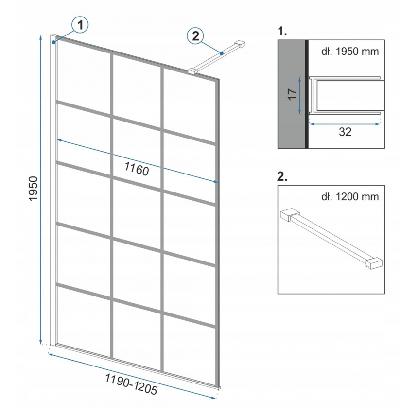 SHOWER WALL BLER-1 120 ΔΙΑΧΩΡΙΣΤΙΚΟ ΤΖΑΜΙ ΜΑΥΡΟ