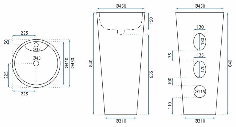 Ανεξάρτητος Επιδαπέδιος Κεραμικός Νιπτήρας Rea Anya Granite Matt - 45 x 45 x 84 cm