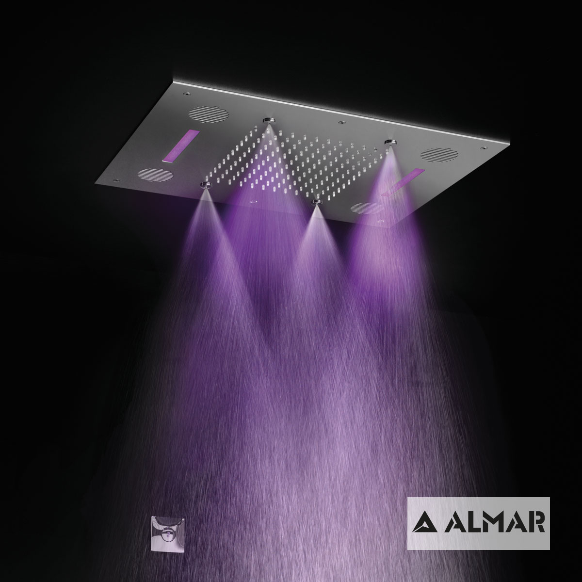 Κεφαλή Ντουζ Εντοιχισμού Οροφής Temptation 63x48 με Σύνδεση Bluetooth και Χρωματοθεραπεία, Almar Inox Chrome