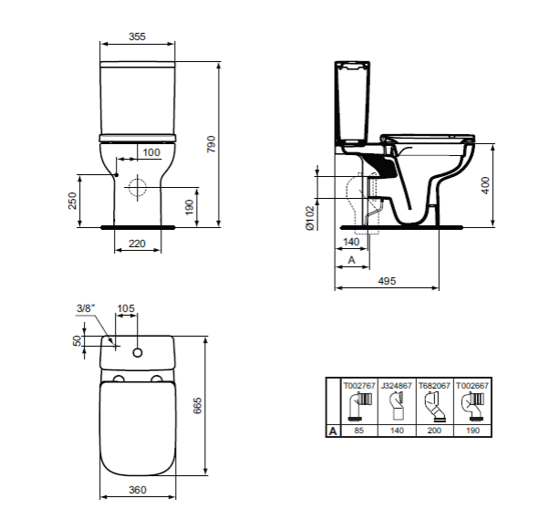 Λεκάνη πορσελάνης I LIFE A Χαμηλής Πίεσης Πίσω Σιφώνι S/C ΣΕΤ 4 ΤΜΧ Λευκή Ideal Standard