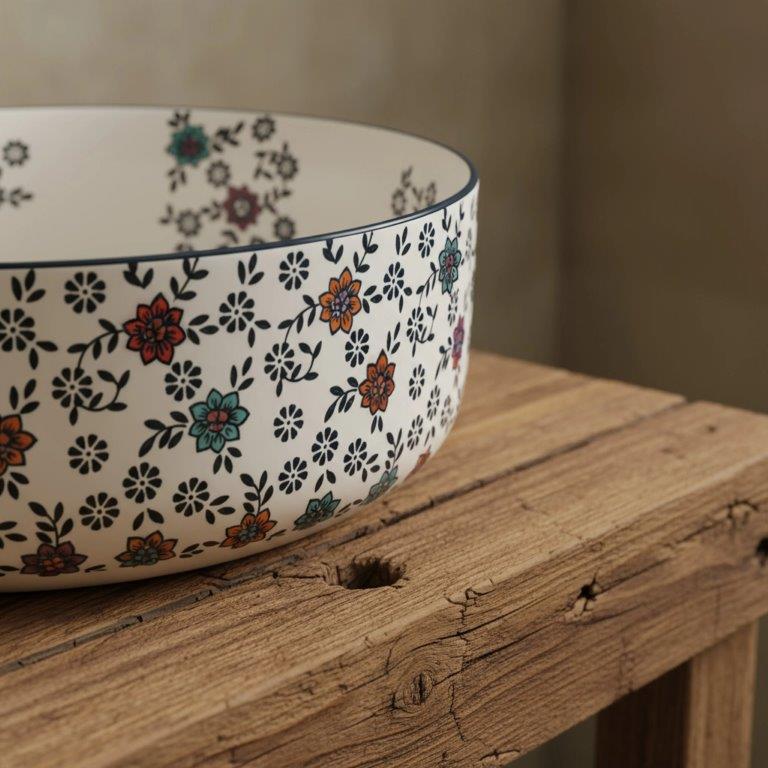 Νιπτήρας Πορσελάνης Rea Stefania Fiori 36 x 36 x 12 εκ. Λευκό / Σχέδιο