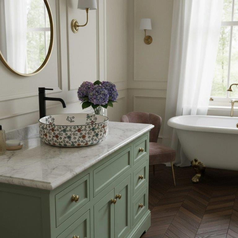 Νιπτήρας Πορσελάνης Rea Stefania Fiori 36 x 36 x 12 εκ. Λευκό / Σχέδιο