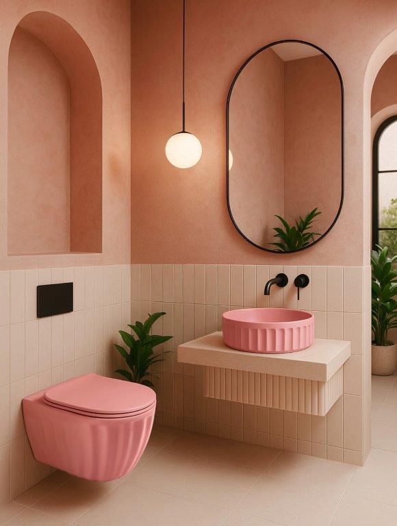 Σετ Κρεμαστή Λεκάνη & Επιτραπέζιος Νιπτήρας Πορσελάνης Rea Light Pink Matt